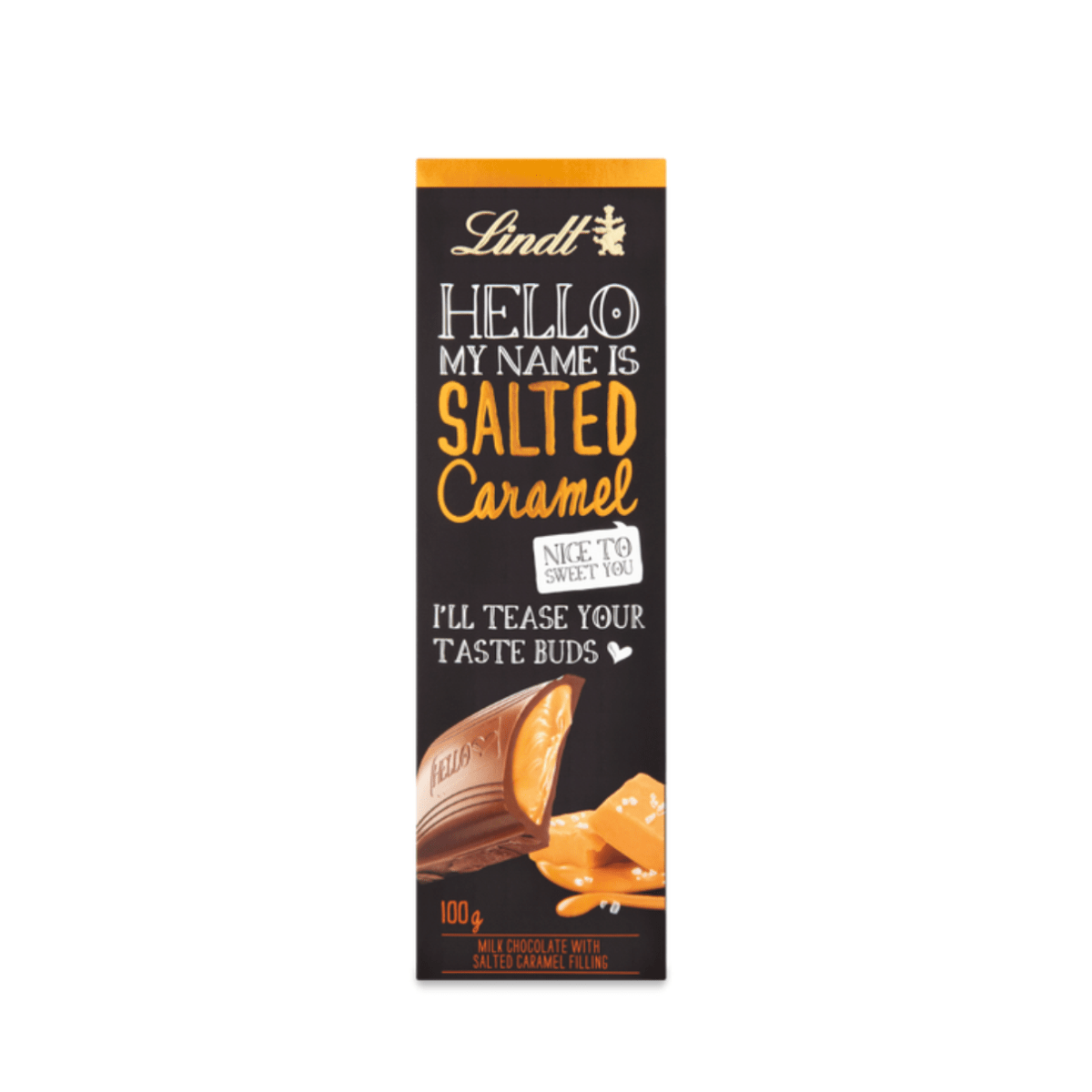 LINDT HELLO TAFEL SALTED CARAMEL 100G X 12