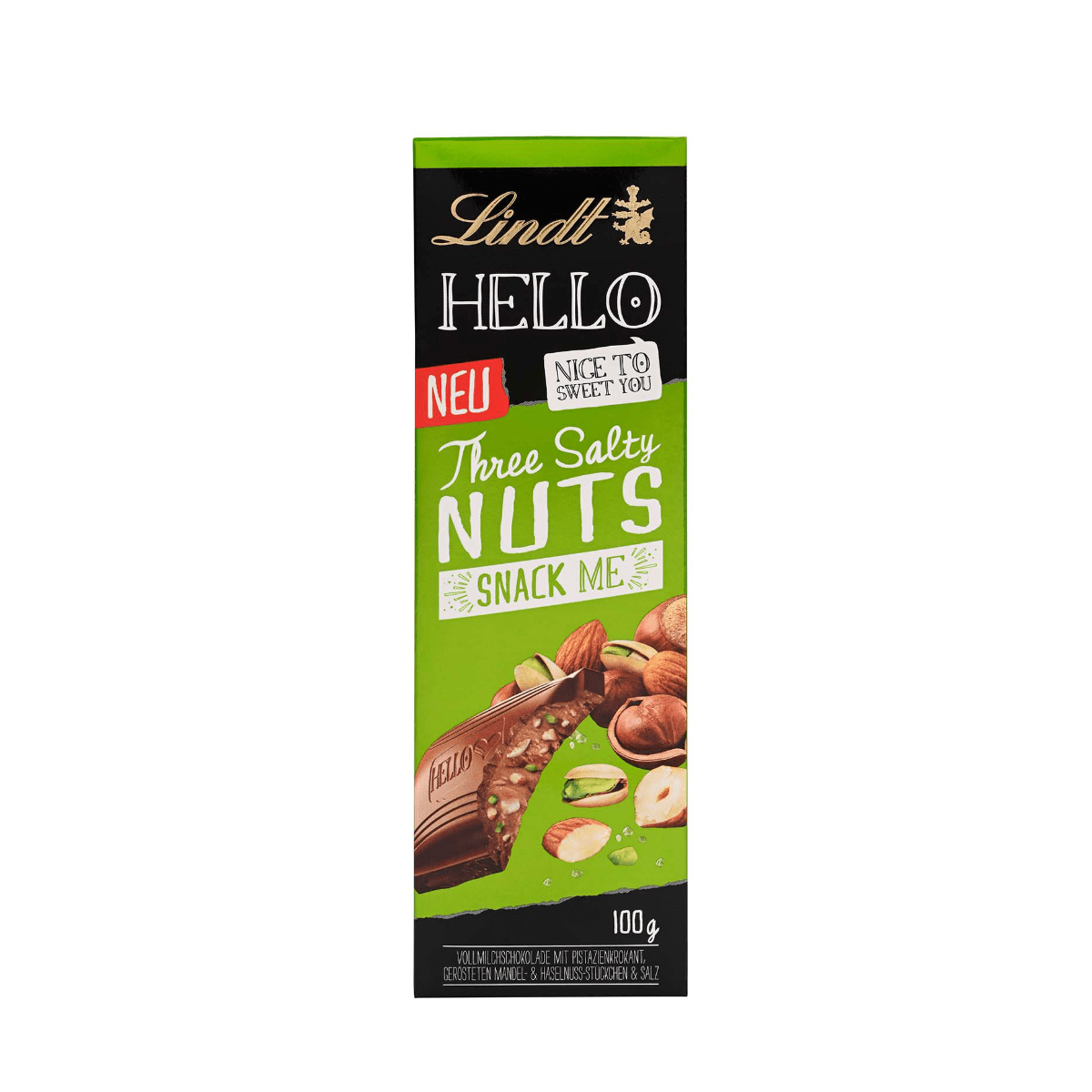 LINDT HELLO TAFEL THREE SALTY NUTS 100G X12